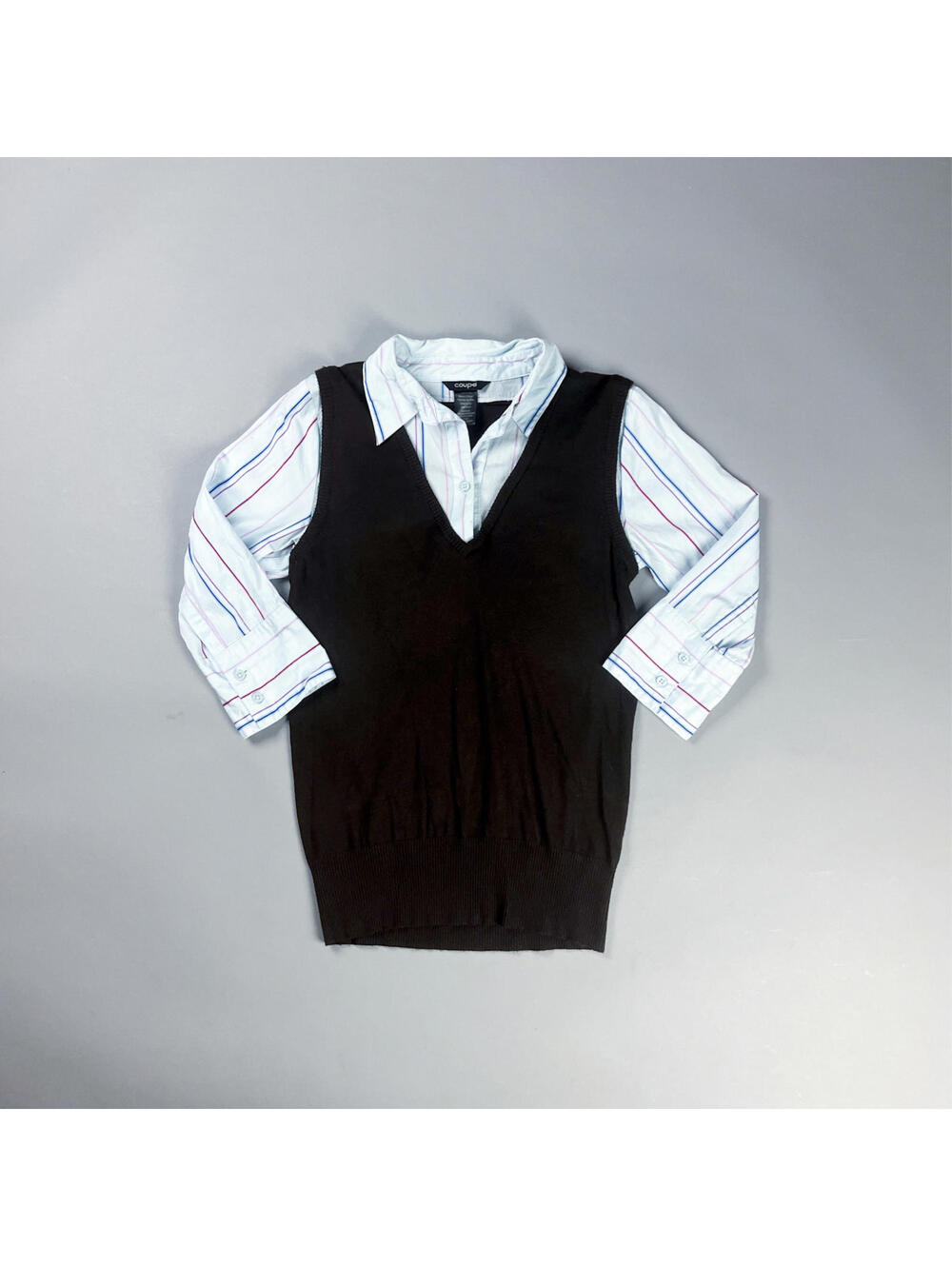Y2K Layered Top, Women's Black V-Neck Sweater Vest with Striped Button-Up Shirt
